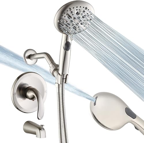 POP SANITARYWARE Juego de grifos de ducha para bañera de níquel cepillado (incluye válvula de equilibrio de presión), sistema de cabezal de ducha de