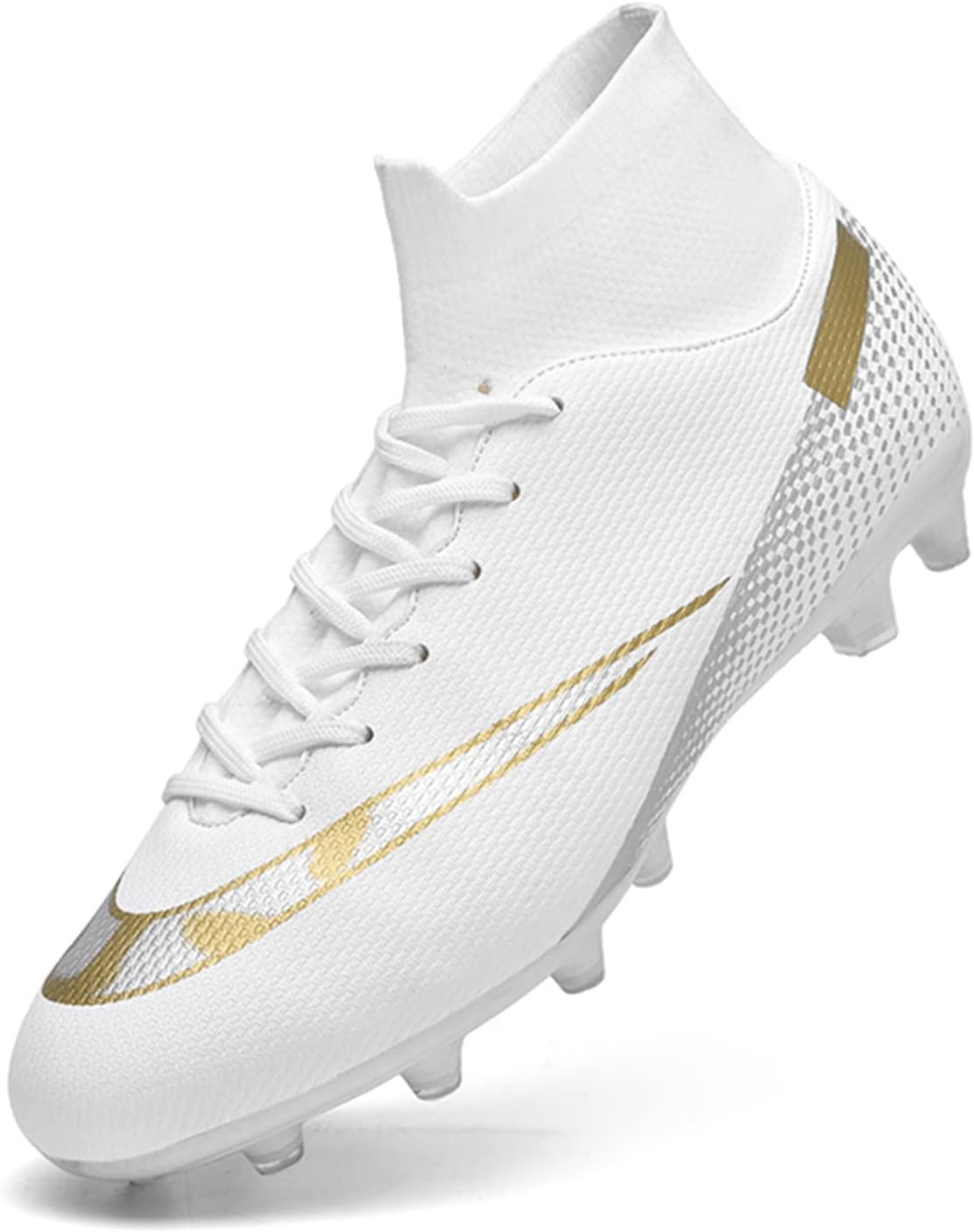WOWEI Football Boots Men High Top Spike Soccer Shoes Outdoor Training Football Shoes Sneakers,T2150 White,10 UK