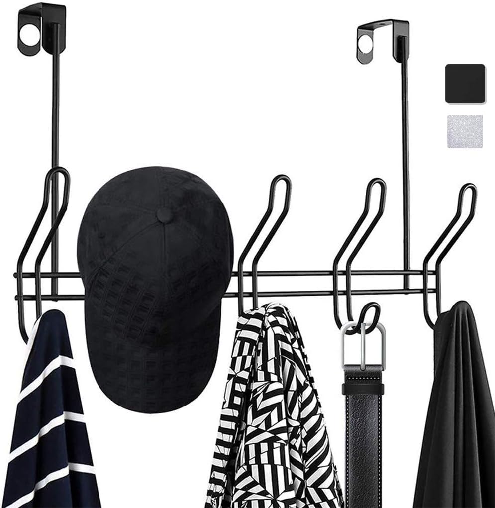 HFHOME 2 in 1 Over The Door Hook Organizer 10 Hooks & Wall Mounted Coat Hook Rack, Heavy Duty Multifunctional Iron Wire Black Door Hooks - Black