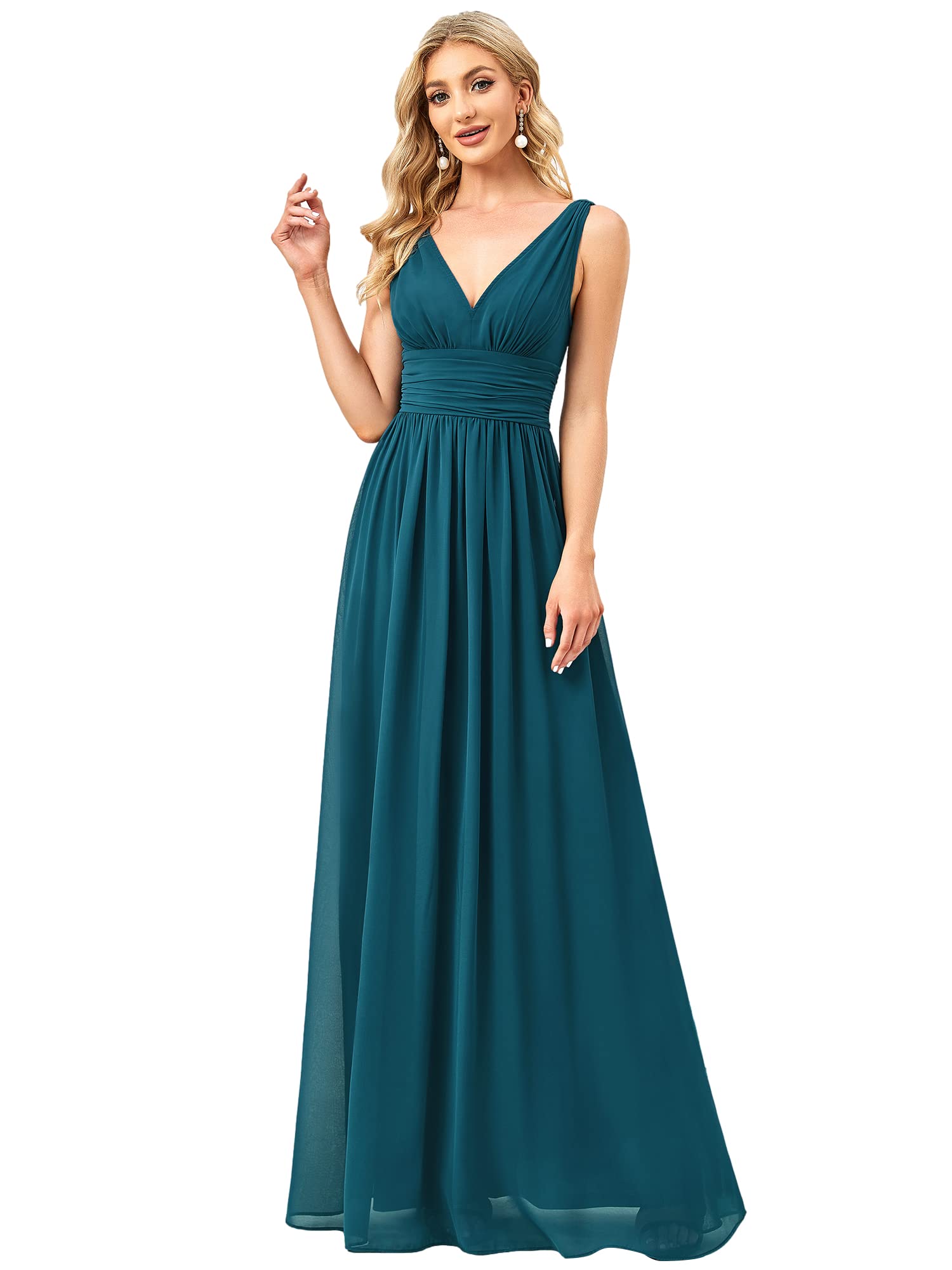 Ever-Pretty Damen A-Linie V-Ausschnitt Elegant Empire Chiffon Abendkleider Blaugrün 42