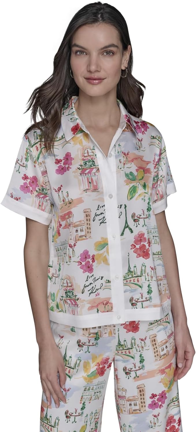 Karl Lagerfeld Womens Button Down Camp Shirt Bright Fun Print Blouse