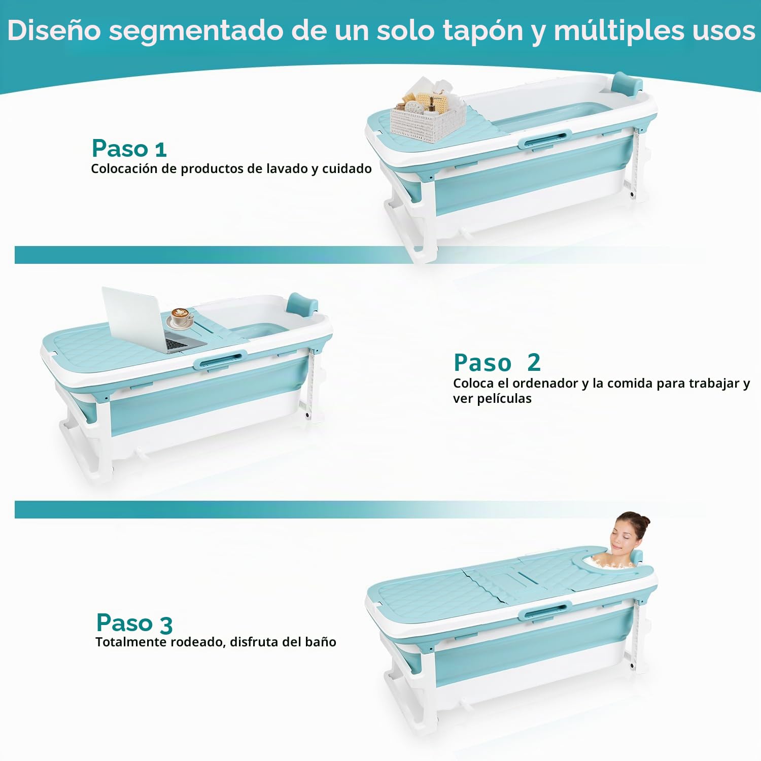 Ikodm Bañera plegable para adultos - XXL 149 x 60 x 50 cm - Bañera móvil plegable con tapa, rodillos de masaje y cesta - Para baño, ducha y balcón - Azul
