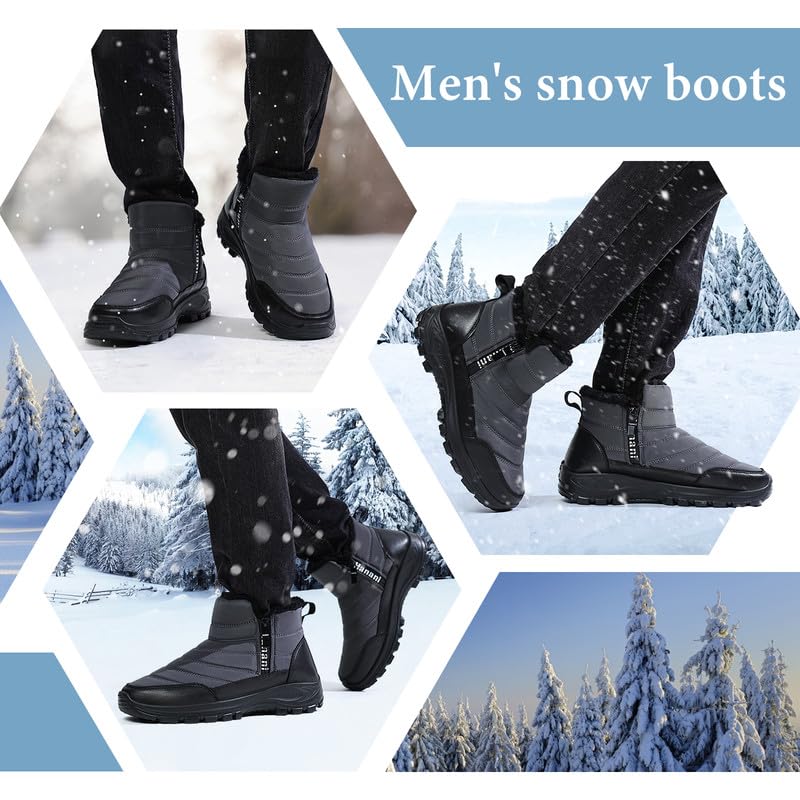 Image of Hanani Mens Winter Snow Boots Fur Lined Warm Ankle Boots Zipper Closure Waterproof Outdoor Boots Men's Lightweight Comfortable Shoes