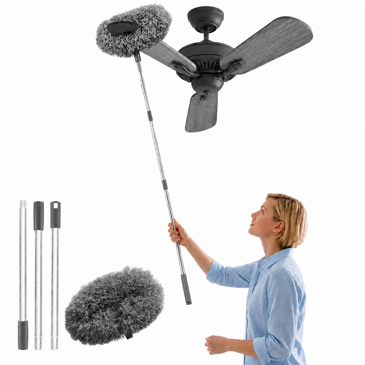 Maxoshine Fan Cleaning Mop with Long Rod-Microfiber Ceiling Fan Cleaner and Duster-Foldable Spider Web Cleaner Stick-Fan Cleaner Brush Long Handle Dust Cleaner for Home