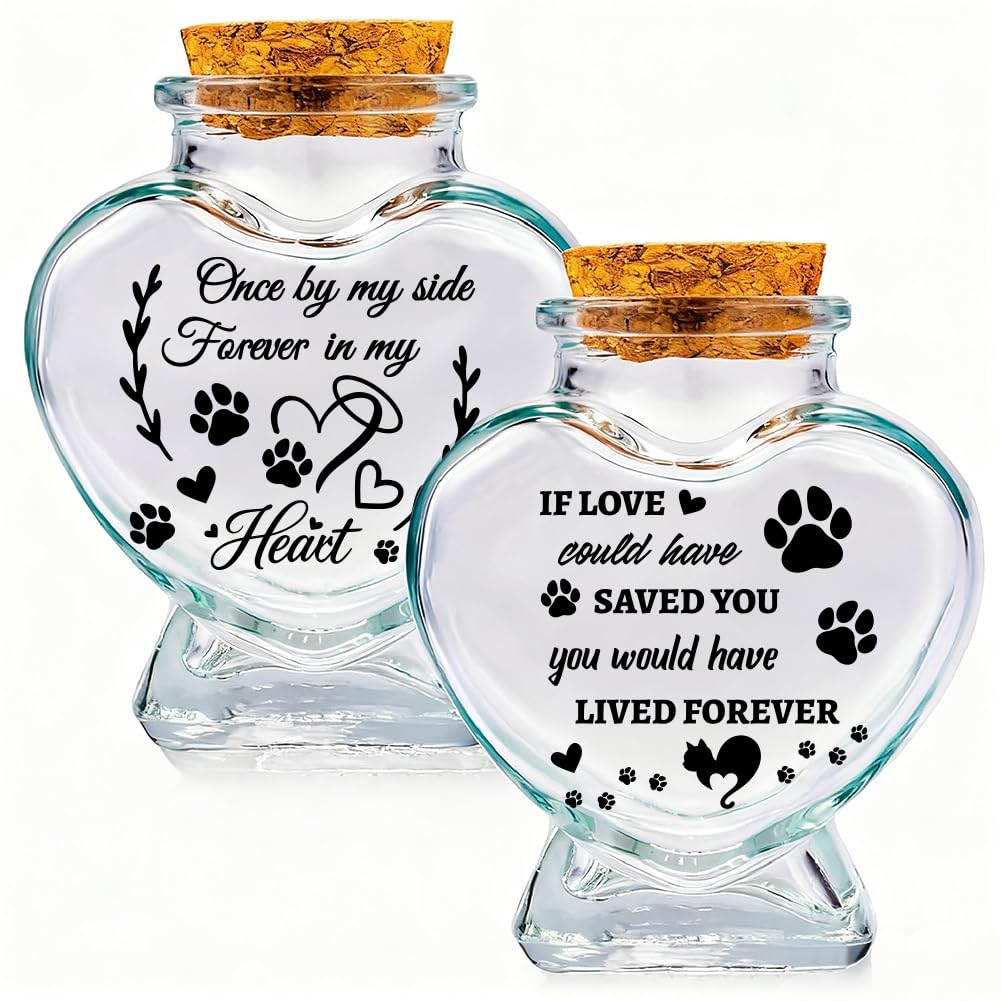 PRESSINART 2Pcs 2 Styles Dog Memorial Bottle 2.95 x 2.48 Inch Pet Hair Keepsake Jar with Cork Stopper Paw Print Leaf Pattern Glass Heart Shaped Container Memorial Urns for Storing Dog Cat Ashes Hair