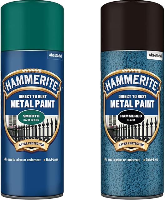 Hammerite Direct to Rust Metal Paint Aerosol Smooth Dark Green Finish 400ML & 5084781 Metal Paint: Hammered Black 400ml (Aerosol)