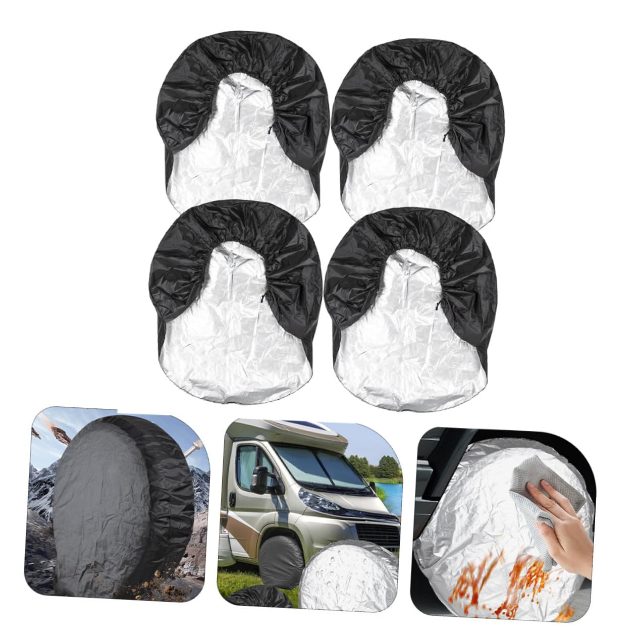 Cabilock Copriruote 4 Pezzi per Camper e Roulotte, in Poliestere Taffeta 190t Nero, Protezione da Pioggia, Sole e Polvere per Pneumatici