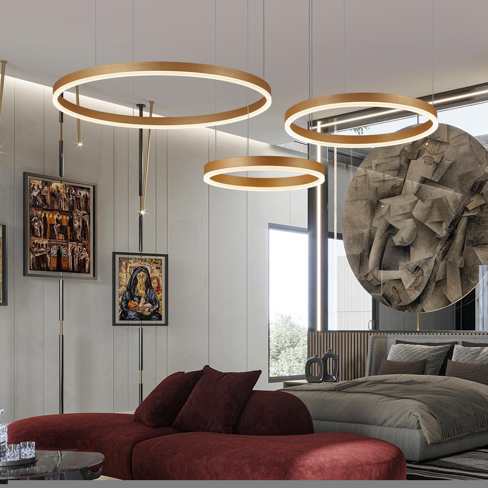 Lámpara colgante LED moderna, Aplique colgante con luz ajustable Araña de techo moderna, 86W, 2700-6500k, orientable con mando a distancia, color dorado, 3 aros 30x40x60cm