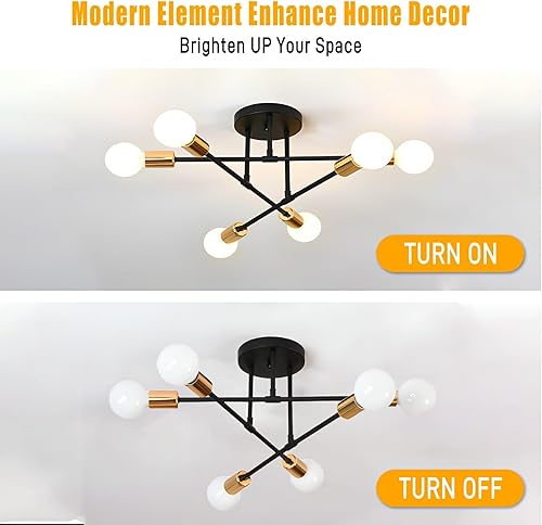 Miniatura 7 de SPOLI Candelabro Sputnik moderno, lámpara de techo de 6 luces, lámpara colgante industrial semiempotrada para sala de estar, comedor, dormitorio,