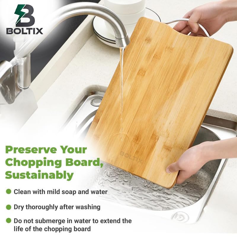 Image of Large Non-Slip Wooden Bamboo Cutting Board with Antibacterial Surface with Stainless Steel Handle, Chopping Board for Kitchen, Cutting Board for Kitchen(32.5 X 22 cm)