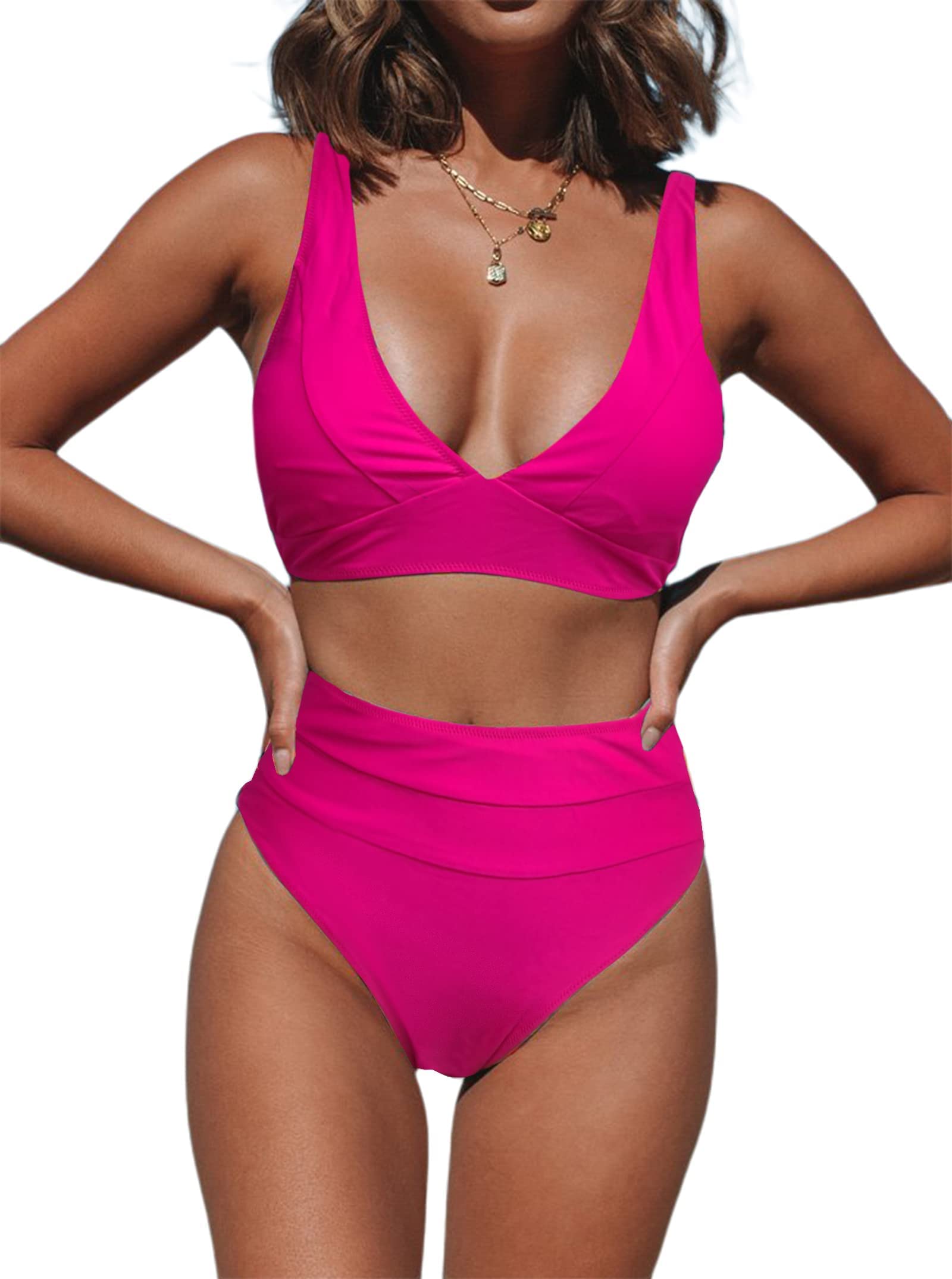 Hilinker Women's V Neck Bikini Swimsuit High Waisted 2 Piece Bathing Suit Hot Pink Medium