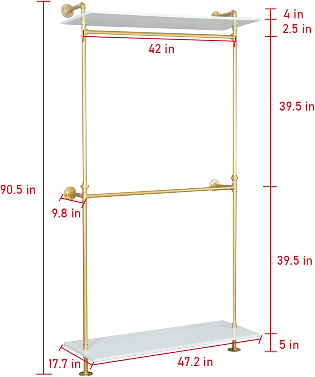 2-Tier Industrial Metal Pipe Double Hanging Rods Clothing Store Display Stands, Entrance Porch Hanging Garment Rack,Wall Shelf Storage Clothes Shoe Bag (Gold, Only One Shelf 47.2" L)