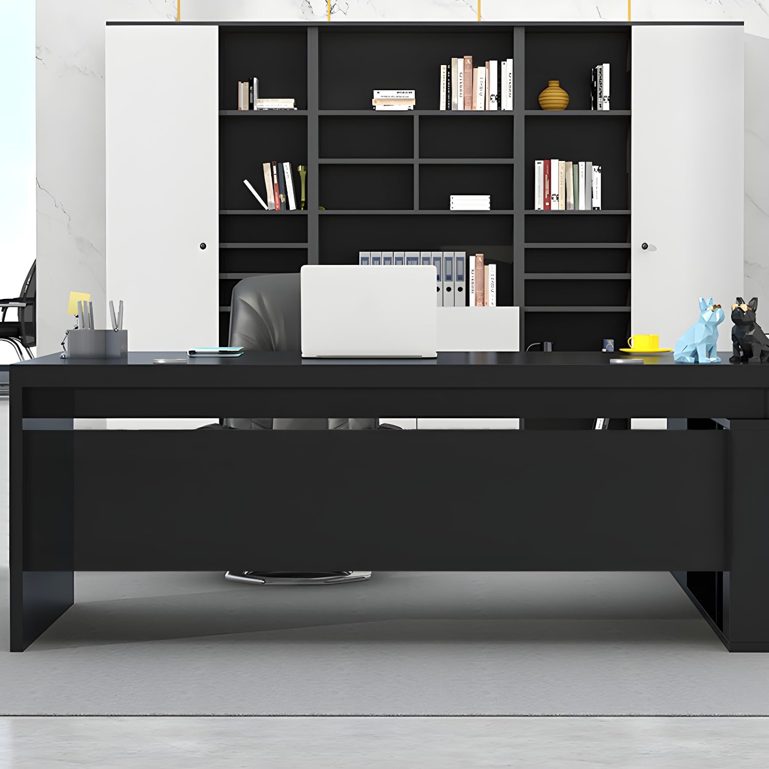 Moderner L-förmiger Büroschreibtisch mit Holzsockel, Chefschreibtisch, Cheftisch, Computer-Wohnmöbel, Schubladen und Ablagefächer – ohne Stühle, 78,7" L x 31,5" B x 29,5" H, Schwarz