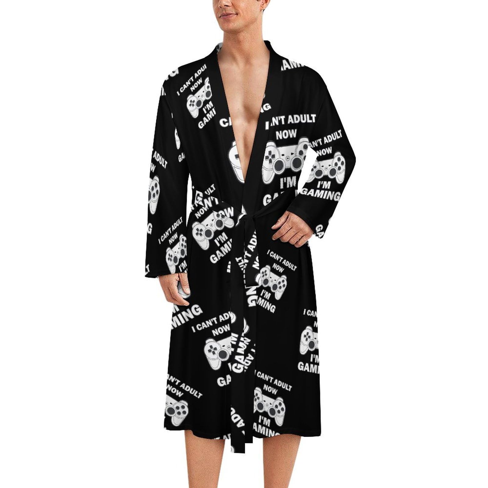 Fwjzdsp Unisex As Pic Can't Adult Now I'm Gaming Men's Robes Lightweight Long Sleeve Bathrobe Knee Length Loungewear With Belt