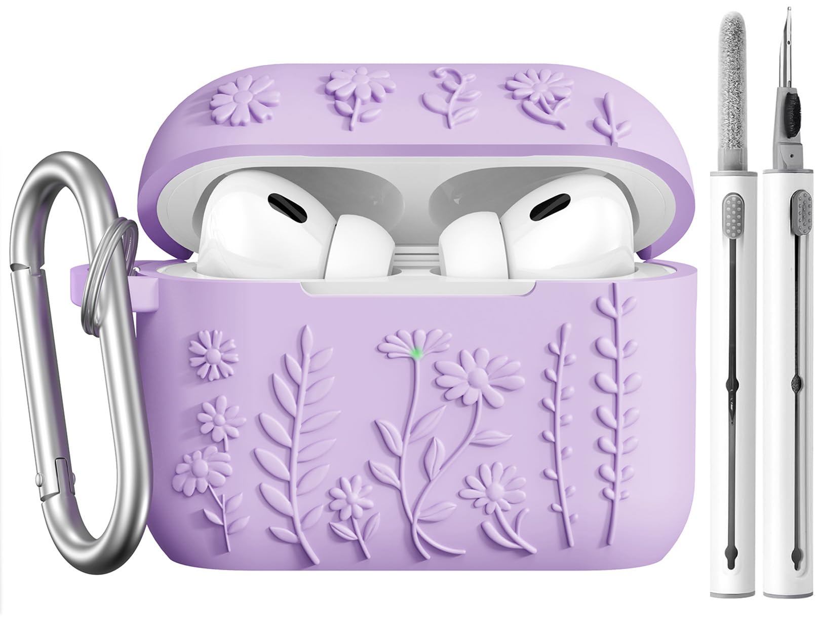 AIRSPO Airpod Pro 2nd Generation Case, 3D Floral Embossed Soft Silicone Protective Cover with Cleaner Kit for Apple Airpods Pro 2nd 1st Gen Case with