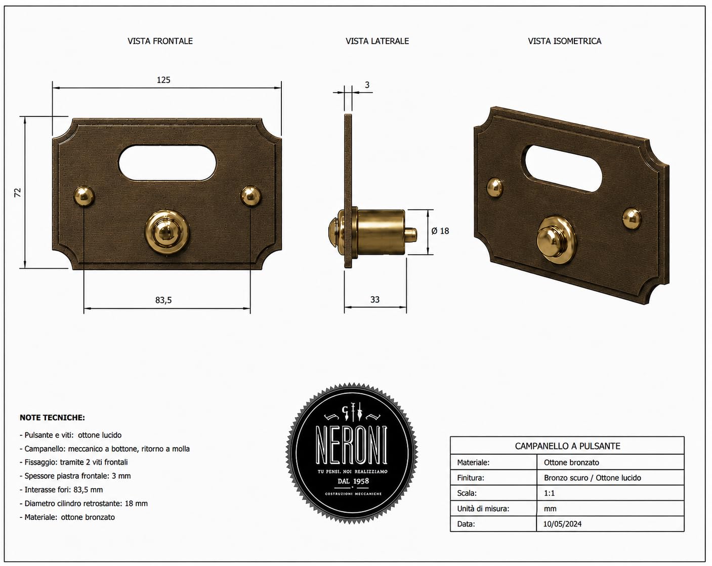 Neroni Mameli Campanello in Ottone Bronzato per Esterno abitazione - Porta Ingresso Casa, con Pulsante Elettrico - Modello Tiberio - Made in Italy