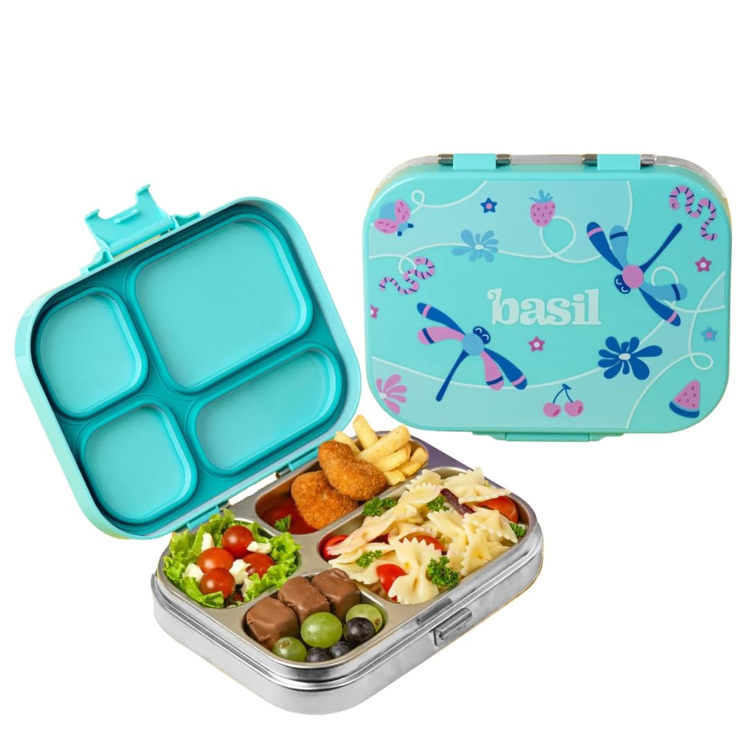 Basil Bento Box Quad - 4 Compartment Stainless Steel Lunch Box with BPA-Free Plastic Lid | 800 ml Leak-Proof Tiffin Box for Kids & Adults | Premium School, Office, and Picnic Lunch Box - Teal Garden