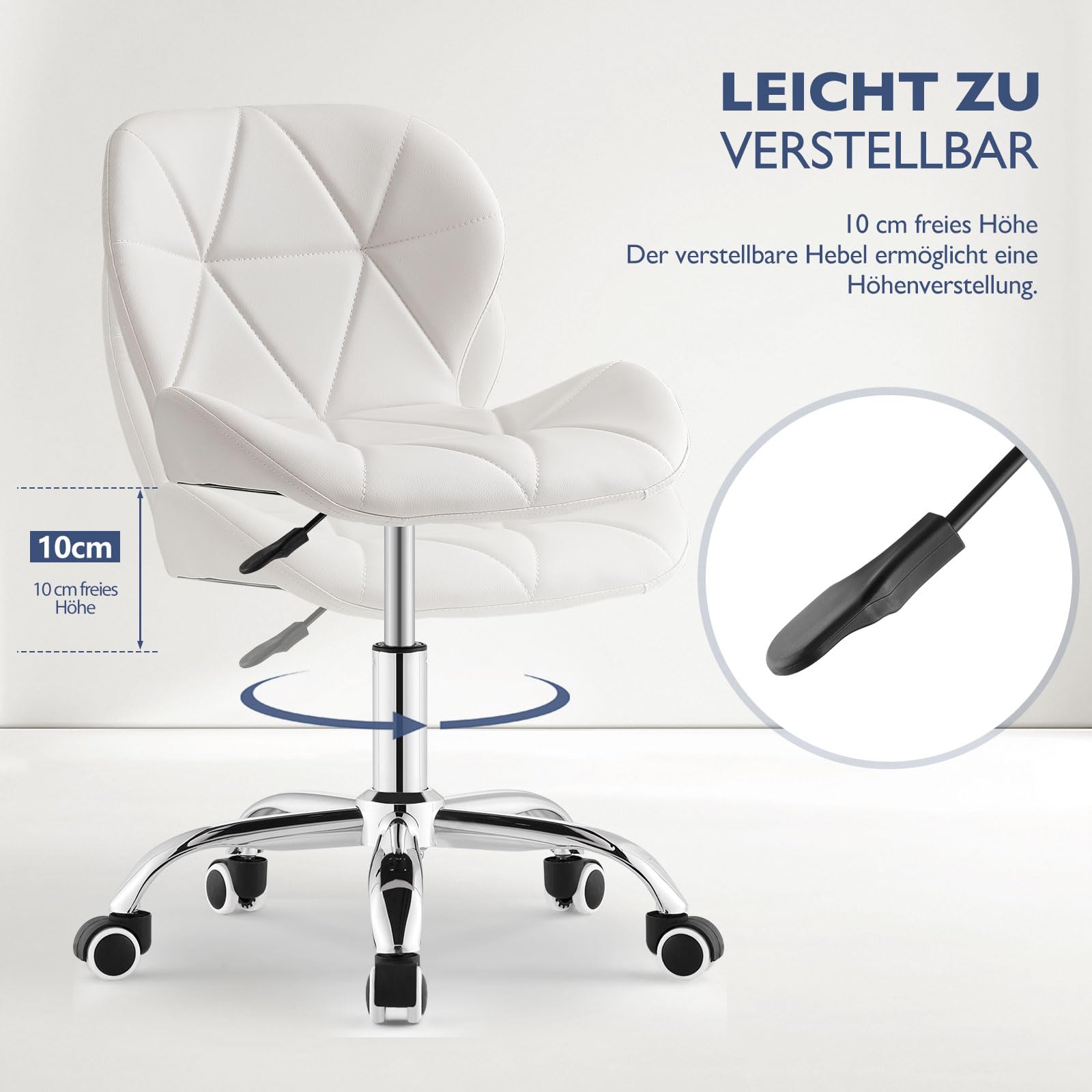 CLIPOP Bürostuhl ohne Armlehnen, Drehstuhl 360°, Schreibtischstuhl mit Rollen, höhenverstellbar, bis 120 Kg Belastbar, für Arbeitszimmer, Schlafzimmer, Homeoffice, Schminkbereich, Weiß