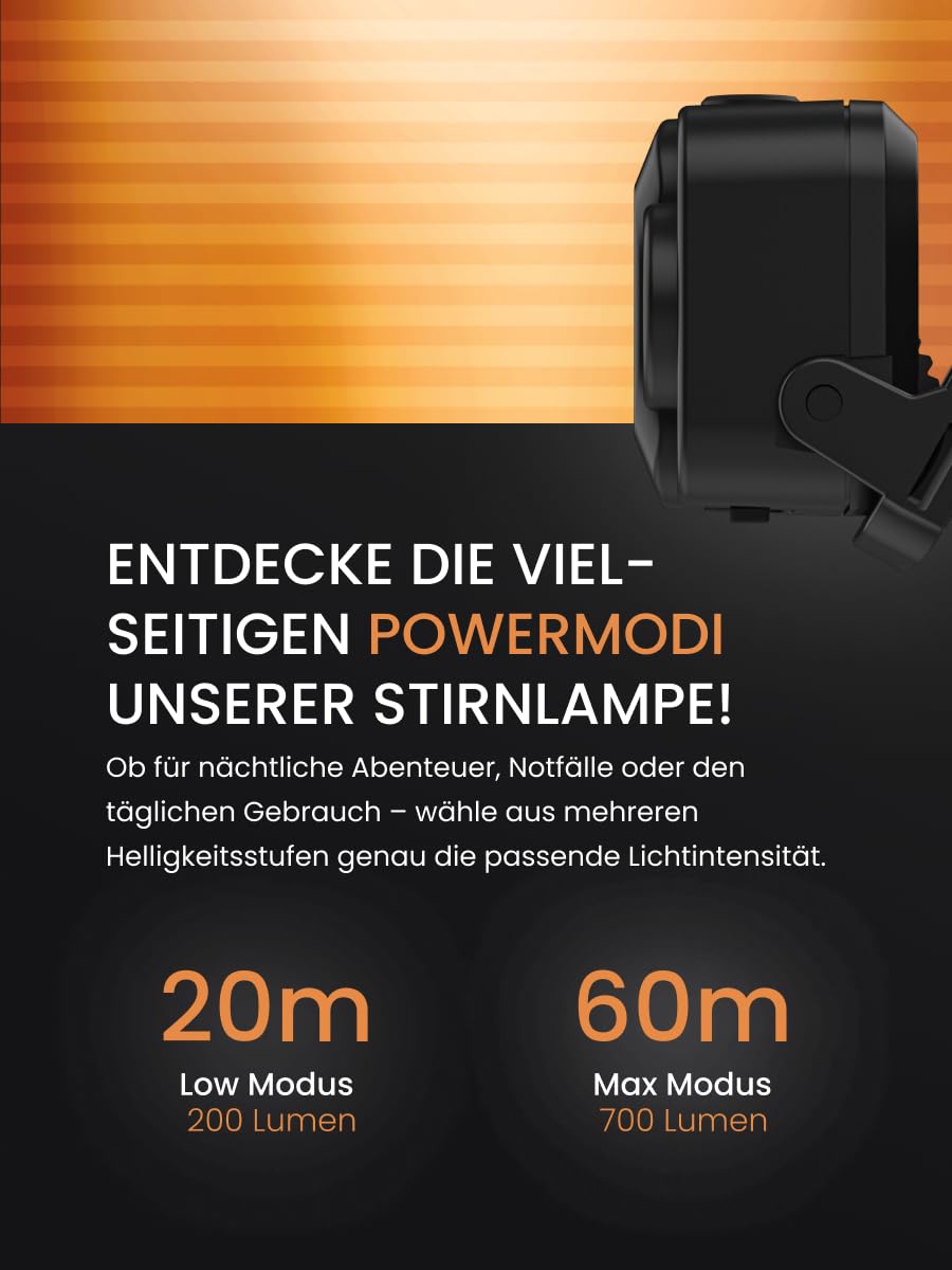 Duracell Lampe frontale LED DH700R Core – 700 lumens, focalisable, portée de 50 m, fonction lumière rouge, rechargeable USB-C, batterie au lithium, différents modes d'éclairage, ergonomique