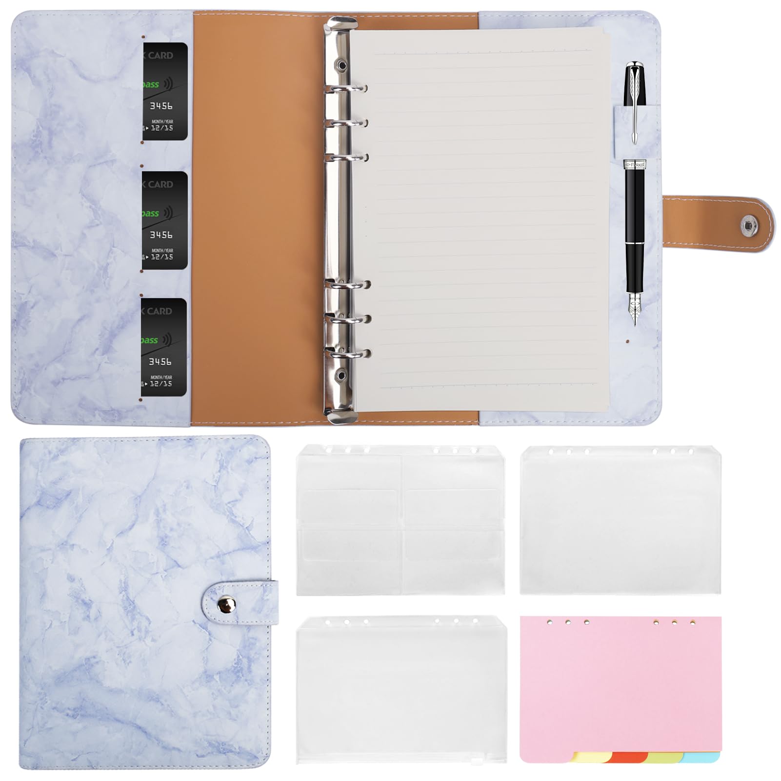 Skycase A5 Ringbuch nachfüllbar, 6-Loch Loseblatt Binder, PU Leder Notizbuch Ordner Portfolio mit Füllpapier, Bindertaschen & Papierblättern (Blau)