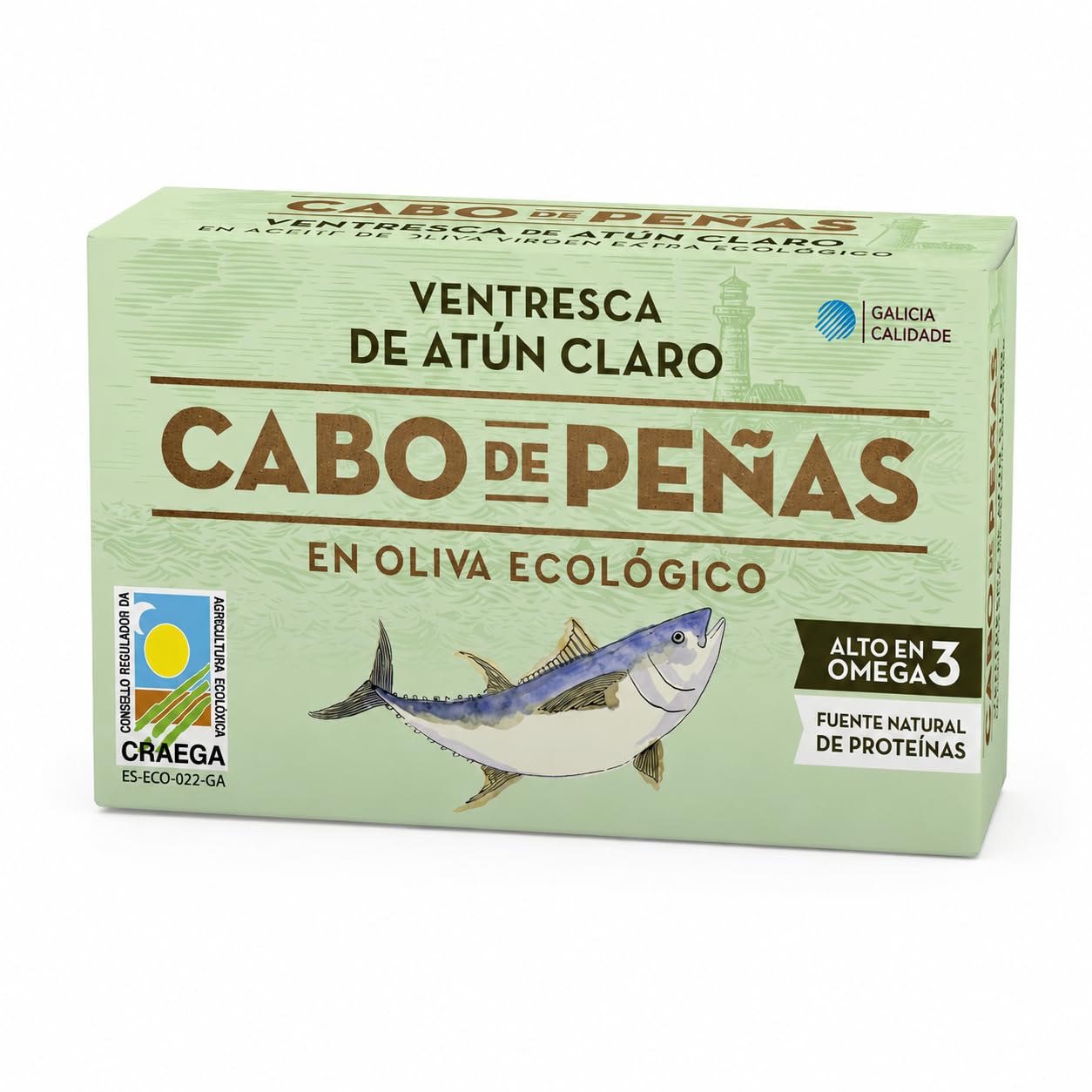 Pack 6 Ventresca de Atún Claro Cabo de Peñas Bio 111 g, 666 g total, en aceite de oliva virgen extra ecológico, conserva gourmet de textura suave y empacada a mano.