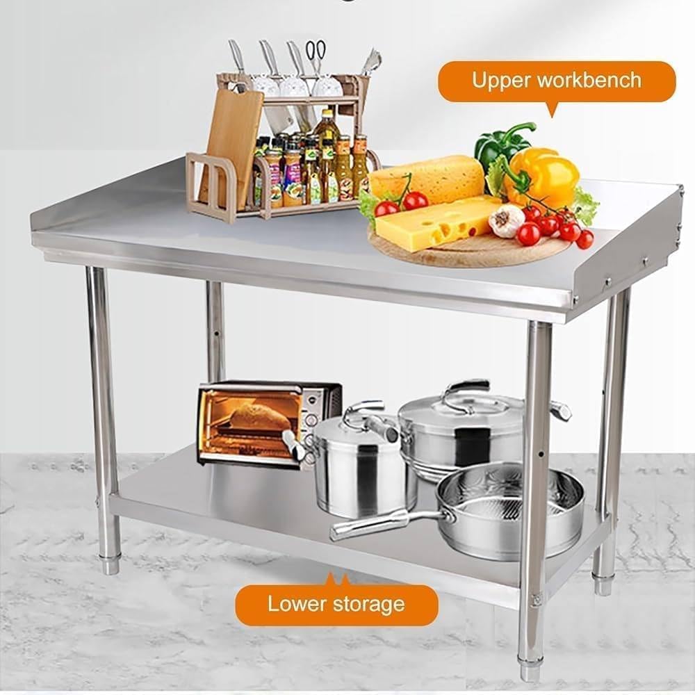Mesa de preparación comercial resistente con protector contra salpicaduras y estante inferior, estación de trabajo de acero inoxidable para cocina, restaurante, catering