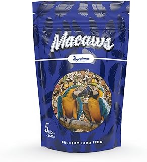 Mycelium Macaw Plus | Bird Seed Clean & Safe for Macaws | High in Protein & Fat | Healthy Mix with Vitamins, Egg, Corn, Peanuts & Whole Hemp Seed | Organic, Non-GMO 5 lb Bag