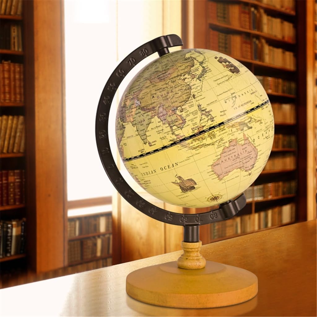 BIBABLYKE Geographic Globe Antique World Globe with Wood Stand Full Earth Geography Map for Desktop Bookshelves Office Home Decor greenyellow plastic