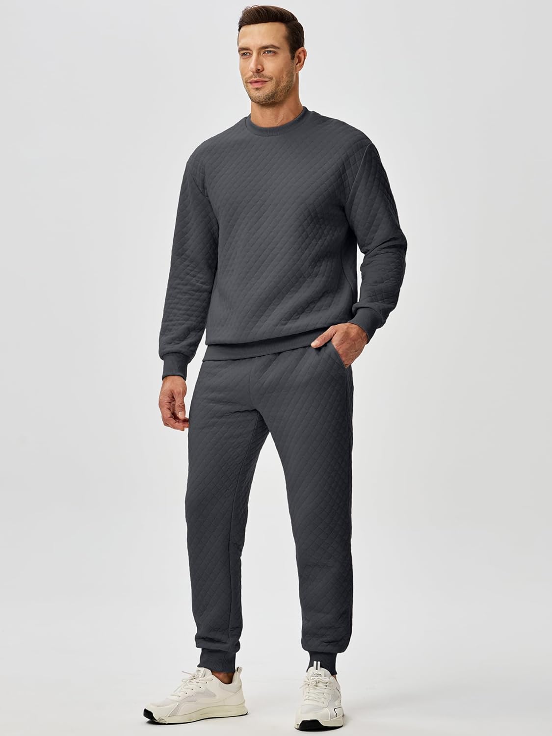 JMIERR Men's Quilted 2 Piece Casual Outfits Crewneck Sweatshirt Tracksuit & Joggers Sweatpants Sweatsuit Set - Image 2