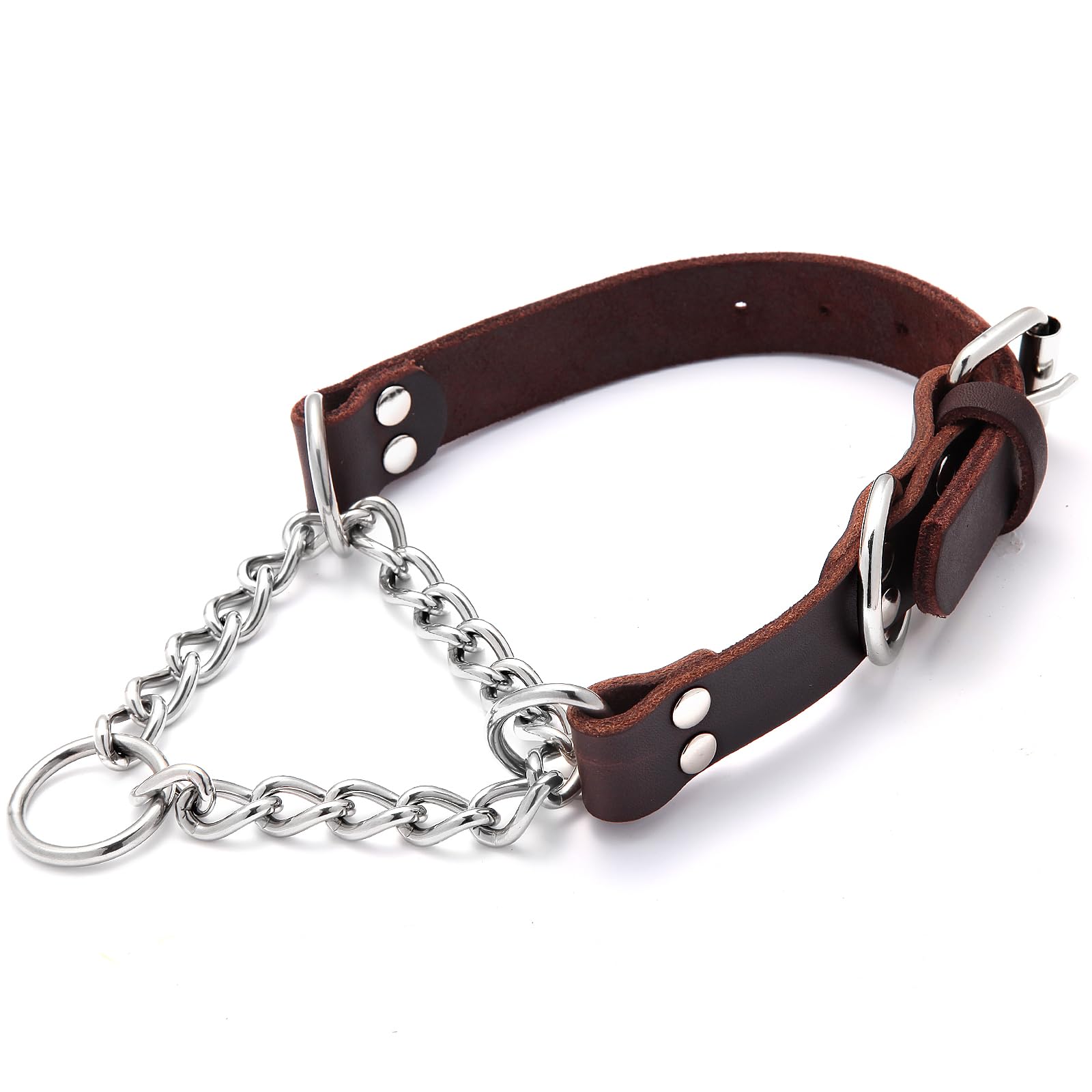 Leather Martingale Dog Collar, Genuine & Stainless Steel Chain Martingale Collar No-Pull Adjustable Anti-Slip Training & Walking Collar for Small