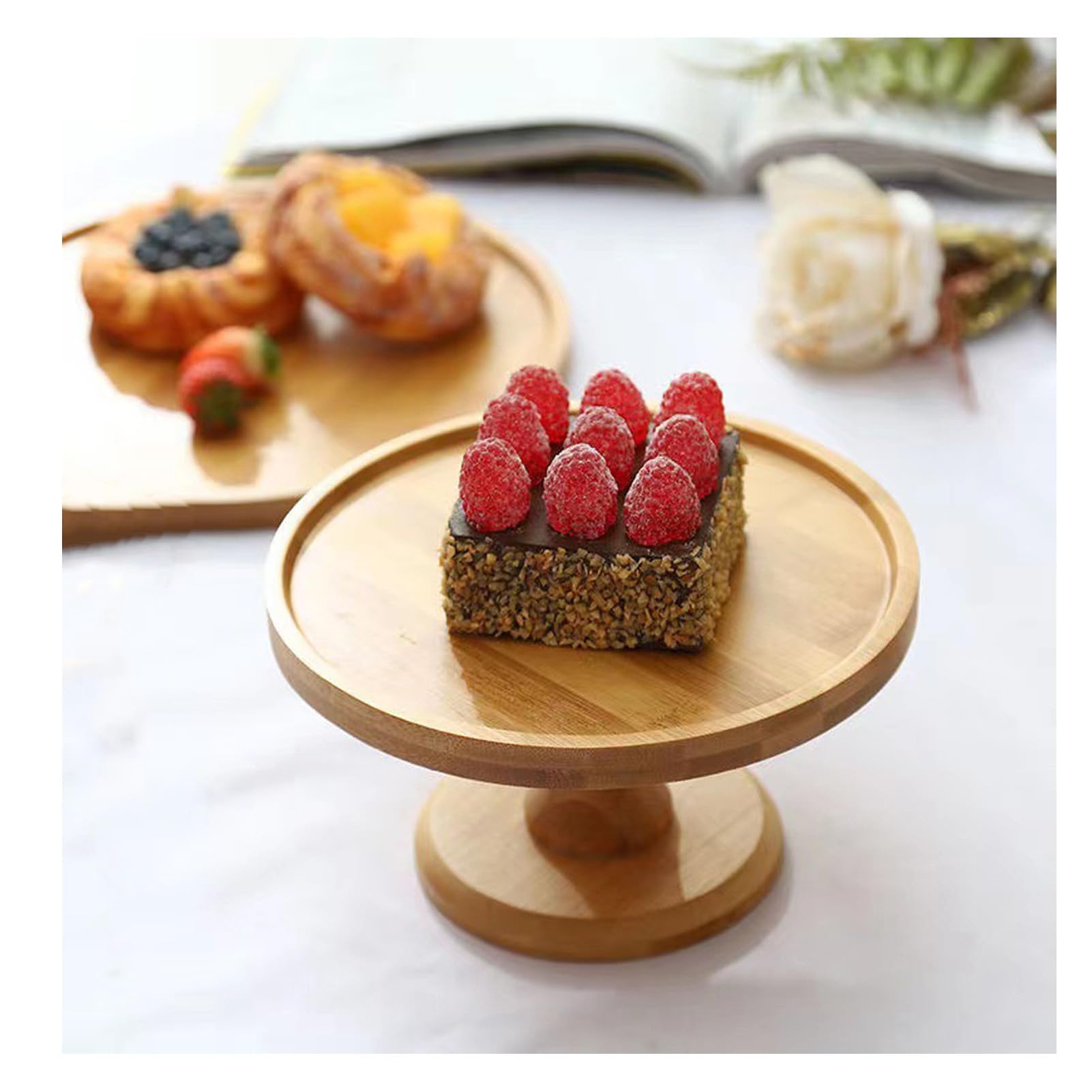 Dxcaicc Cake Plate with Lid, Wooden Cake Stand with Dome Cover, Cake Plate Display Server Tray for Birthday Kitchen Party Wedding,8Inch