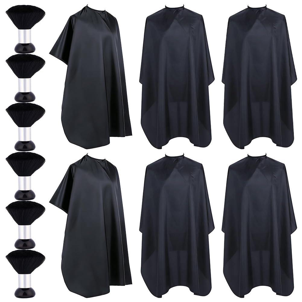 ORIGACH 6 capas de corte de pelo con 6 plumeros, capa de peluquero con cierre a presión ajustable, capa de salón para mujeres y hombres, uso profesional y doméstico, color negro, 120 x 140 cm
