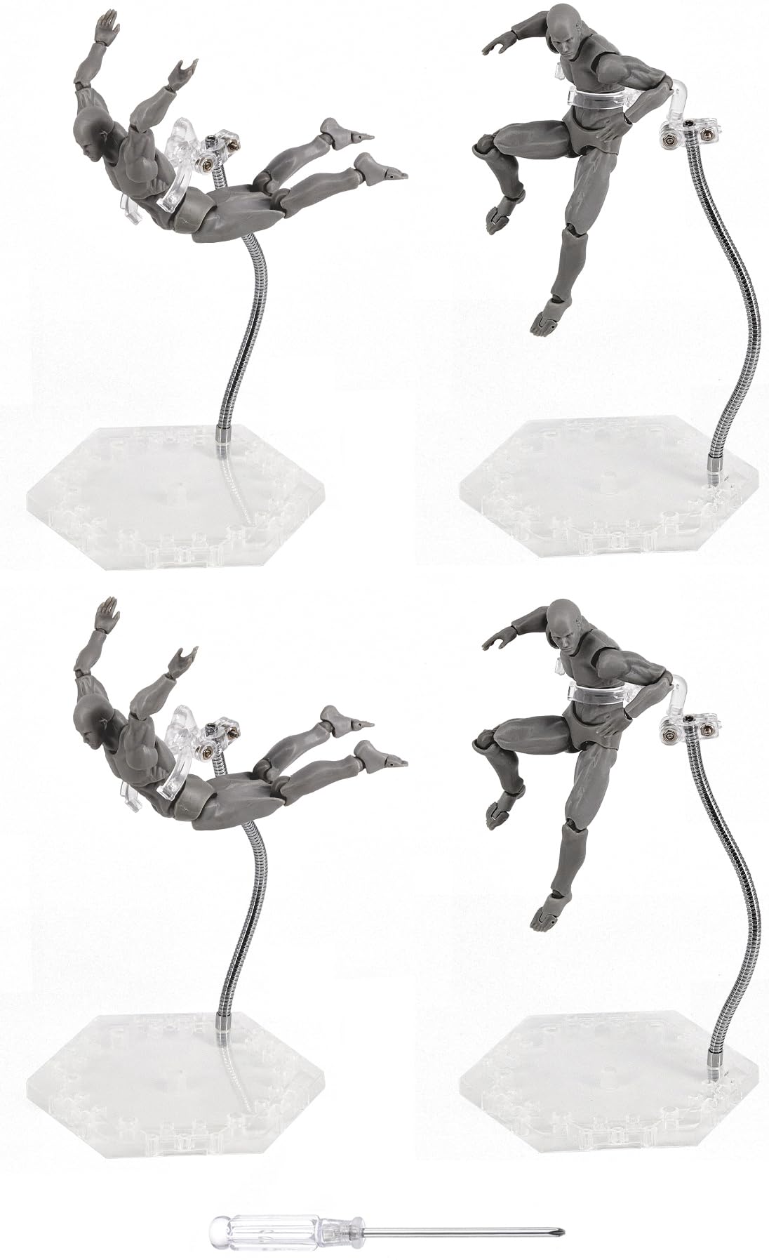Action Figure Stand with Flexible Metal Arm,Action Figure Pose Display Holder Base,Flight Stands for Action Figures Compatible with HG RG SD SHF Gundam 1/144 Toy with Screwdriver (4Pcs Clear)