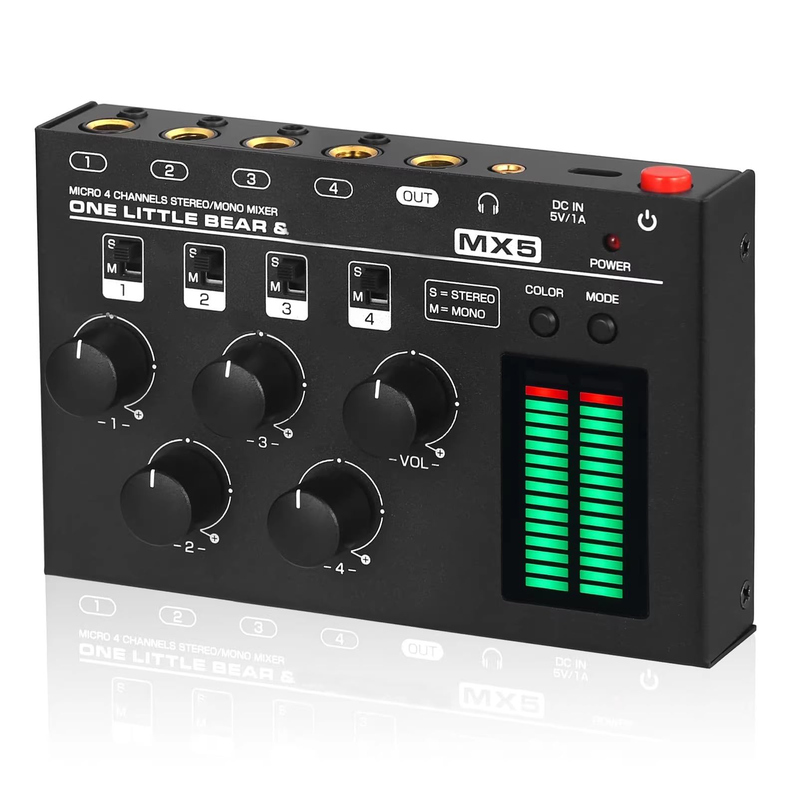 4-kanałowy mikser audio, mikser mono i stereo, z miernikiem poziomu LED - regulowany kolor i wzmocnienie, gniazdo słuchawkowe 3,5 mm, ultra niski poziom hałasu