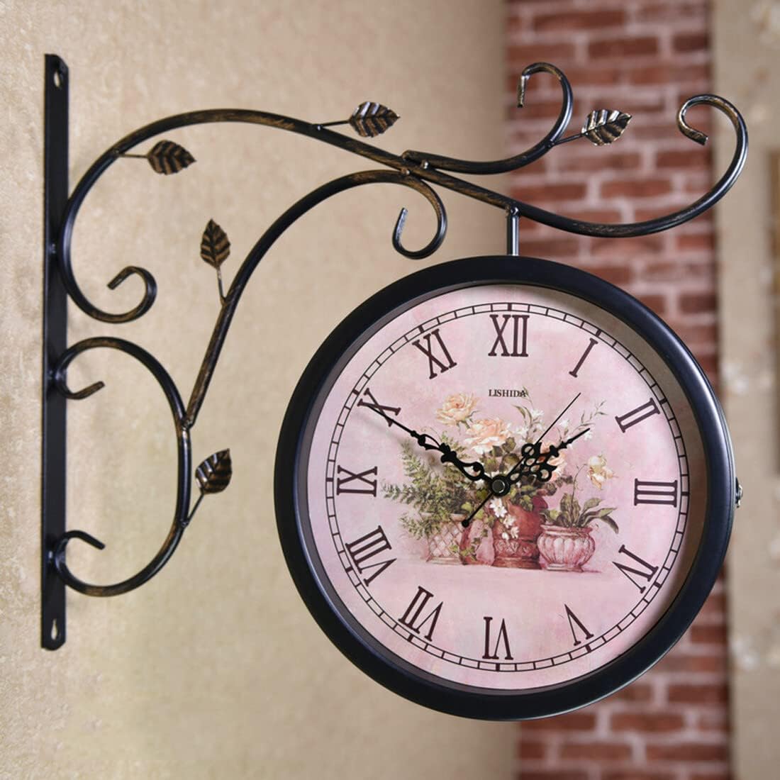 Outdoor Vintage Double Sided Clock Wall Clock 16" Suitable for Garden Patio Antique Appearance Railway Station Clock Indoor Clock Flower Black