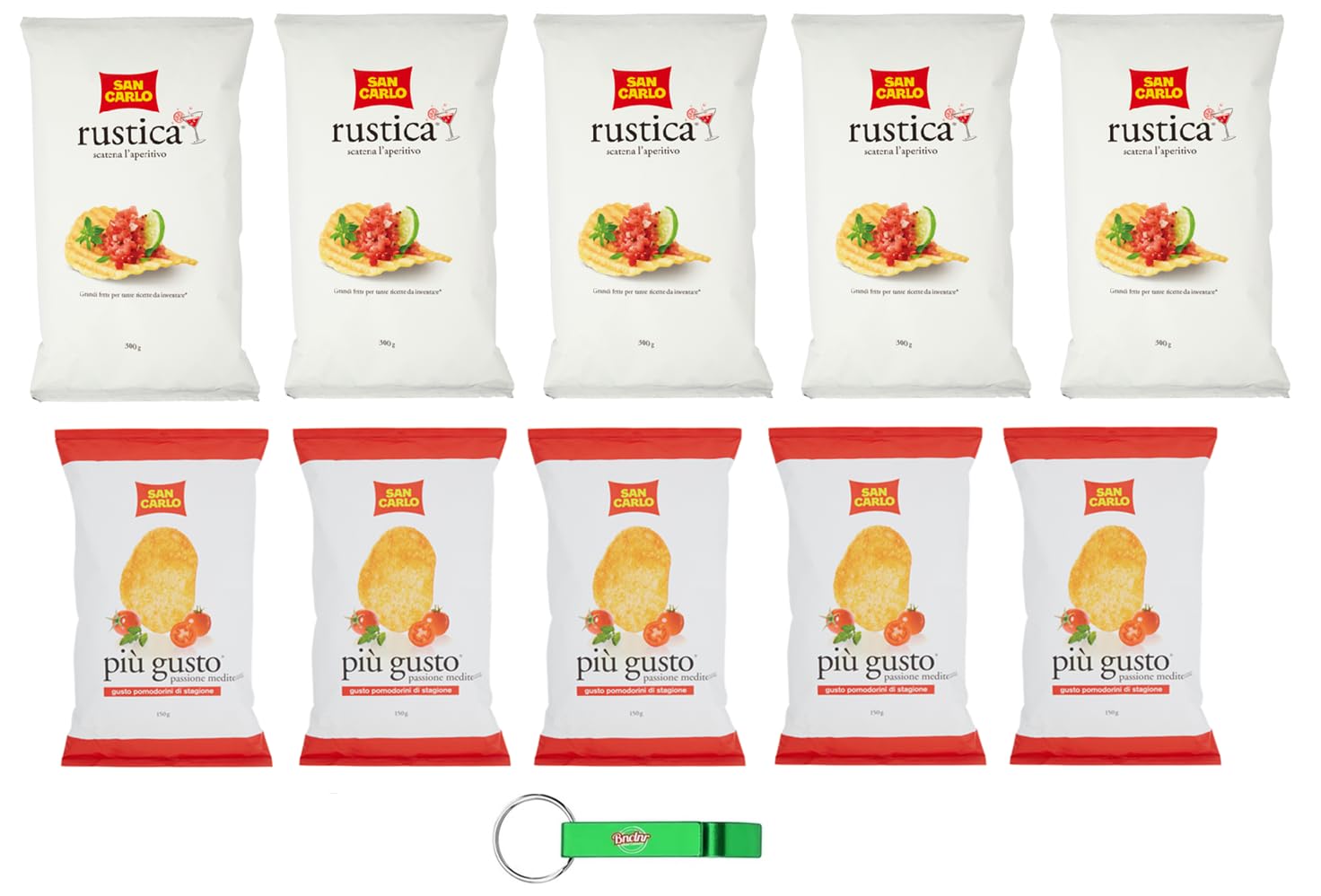 10 paquetes de prueba San Carlo Patatine, tomates cherry 5 x 150 g + Rustica 5 x 300 g – Bolsa para patatas fritas + llavero Beni Culinari gratis