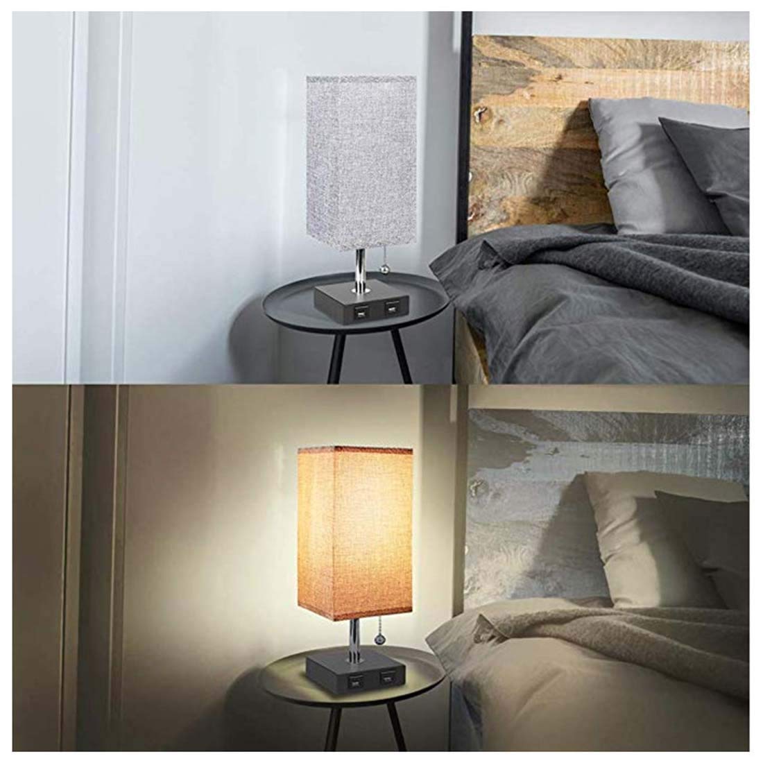 Lampa stołowa USB, lampka nocna z podwójnym portem ładowania USB, lampa biurkowa z abażurem z tkaniny Wygodny łańcuszek do sypialni, salonu, biura (zestaw 2 szt.)