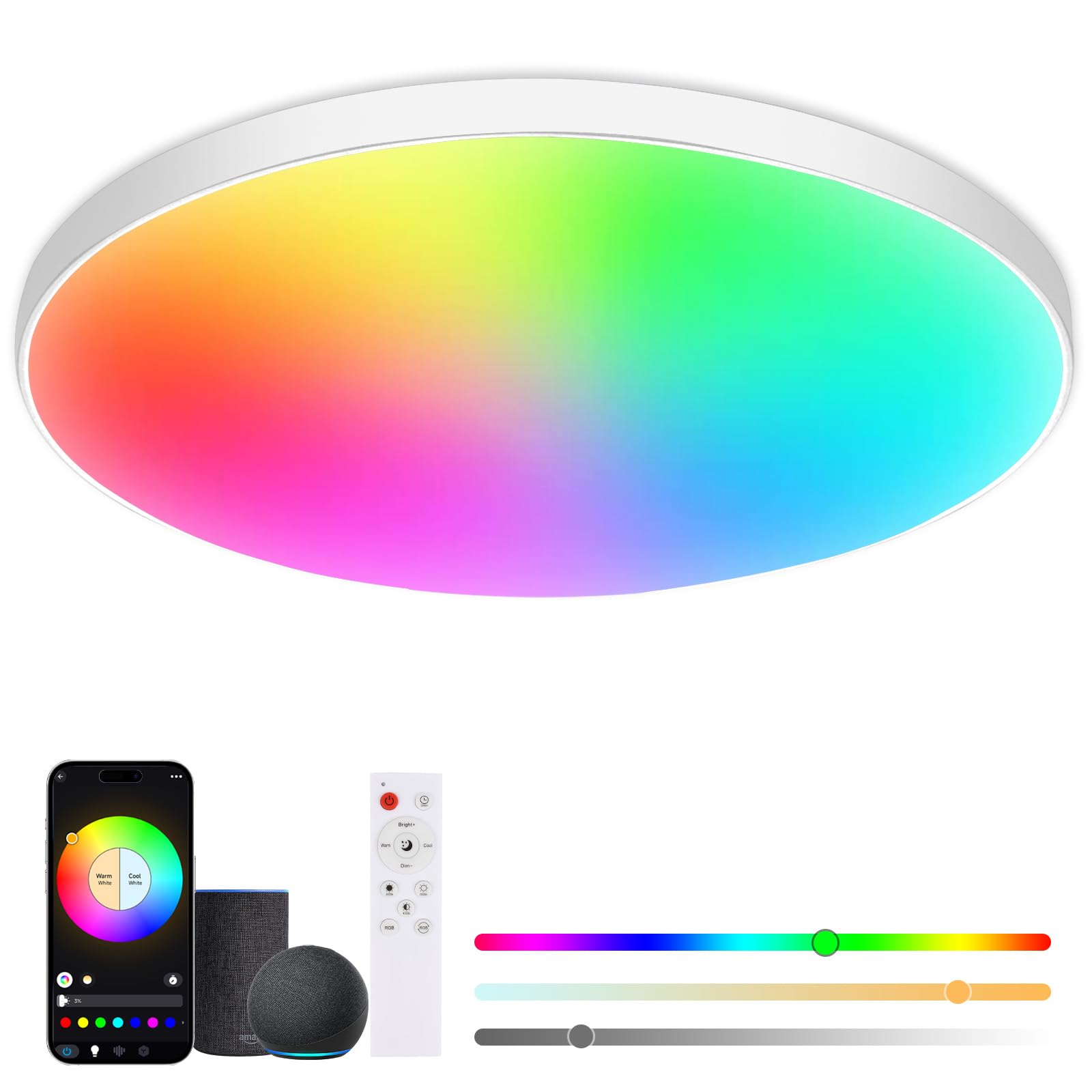 ZWOOS Lampara Techo LED 30W, Plafon RGB Redondo 2700K-6500K, Regulable, Compatible con Alexa, Google Home, Control APP, Mando a Distancia, para Dormitorio, Salon, Cocina