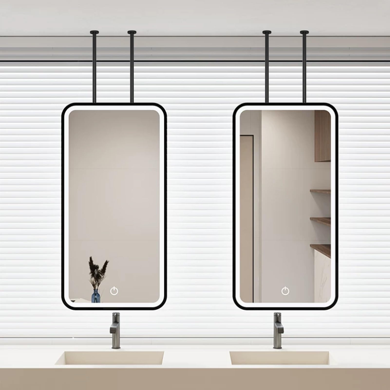 FGXHHS Black ｜Ceiling Hanging Mirrors Metal Framed LED Vanity Mirror for Over Sink｜Wall Mounted with Floating Rods Restroom，Entrance，Shop，Hotel(40cmx70cm)