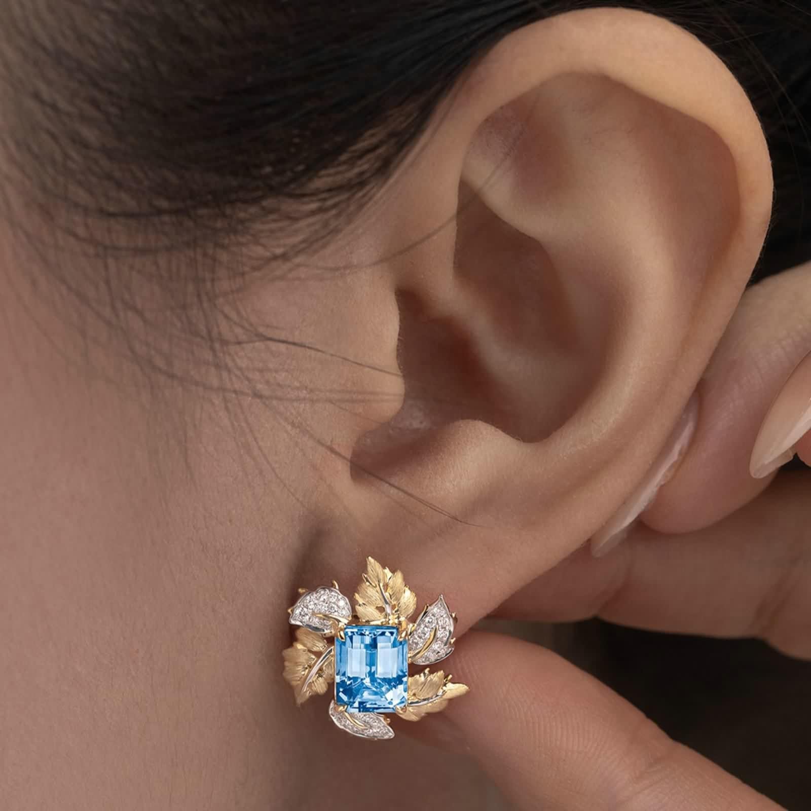 Damskie kolczyki sztyfty, kolczyki do chrząstki niebieskie laboratoryjne akwamaryn 2,75 ct 9/14/18K żółte złoto z laboratoryjnym diamentem, 9-karatowe żółte złoto, laboratoryjny diament wykonany w