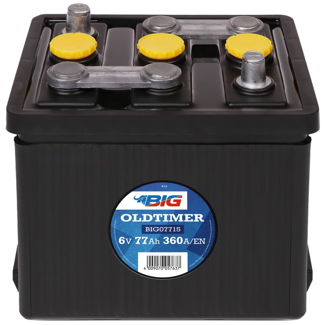 BIG Oldtimer Batterie 6V 77Ah 360A EN - Typ 07715 | Klassische 6 Volt Starterbatterie für Oldtimer - Gefüllt und geladen - Schwarzes Hartgummi-Gehäuse