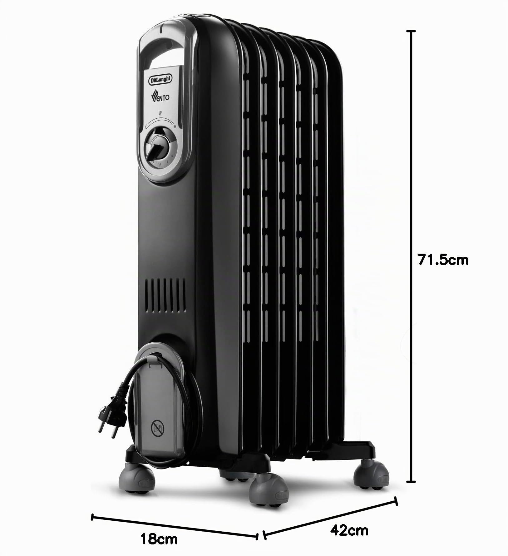 De'Longhi Serie Vento V550715.BG - Radiador de aceite eléctrico, calefacción eléctrica de bajo consumo, 7 elementos, temporizador, botones intuitivos para entornos de hasta 45 m³, 3 niveles de