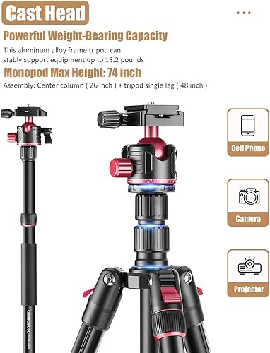 Miniatura 3 de CAMBOFOTO Trípode de cámara profesional de 74 pulgadas, cabeza esférica de aluminio DSLRSLR trípode y monopie con bolsa de transporte compatible con