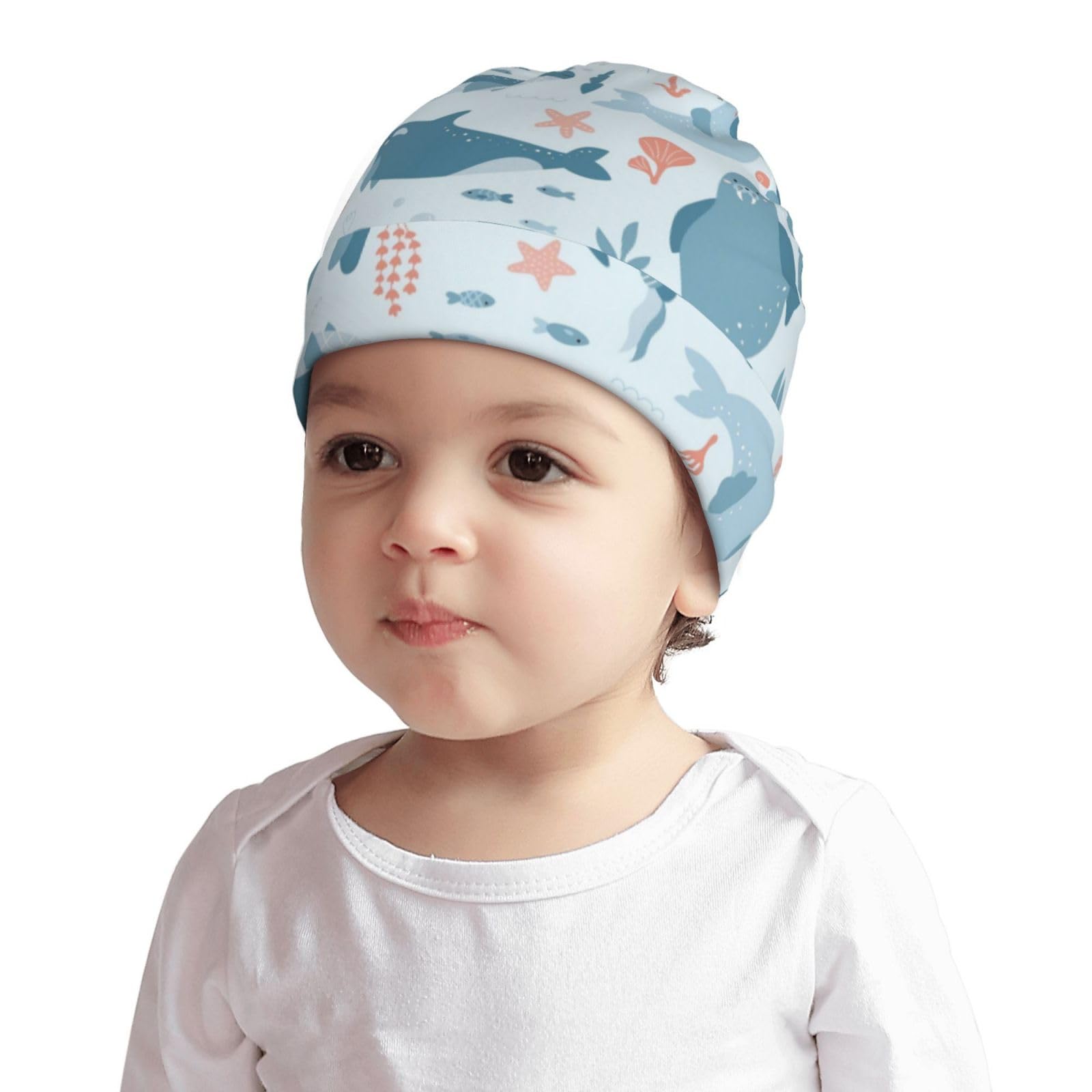 Walrus Animal Ocean Pattern Kids Beanie Hats Warm Knit Beanie Cap Skull Caps Gifts Decor for Boys Girls White