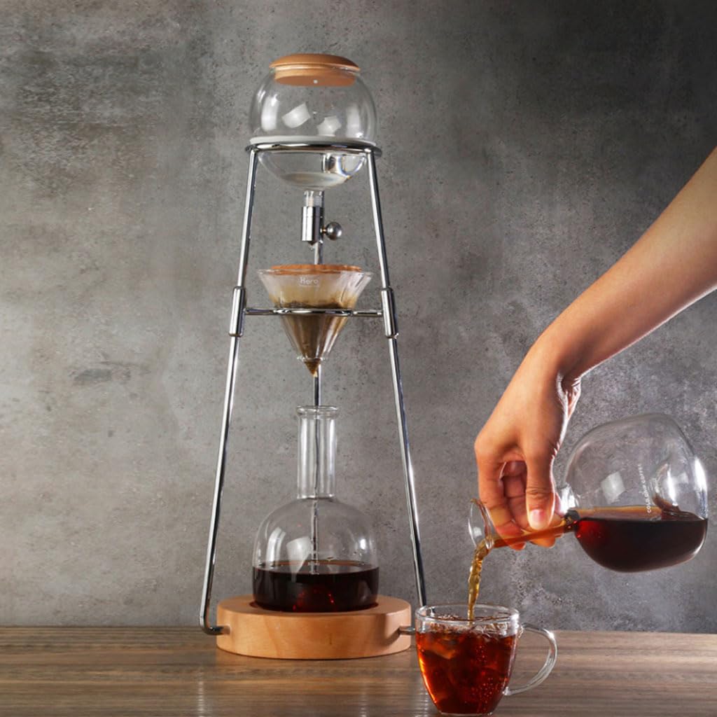 ASSICON Cafetera de aluminio con flujo de agua ajustable, cafetera helada en acero inoxidable y vidrio de borosilicato alto