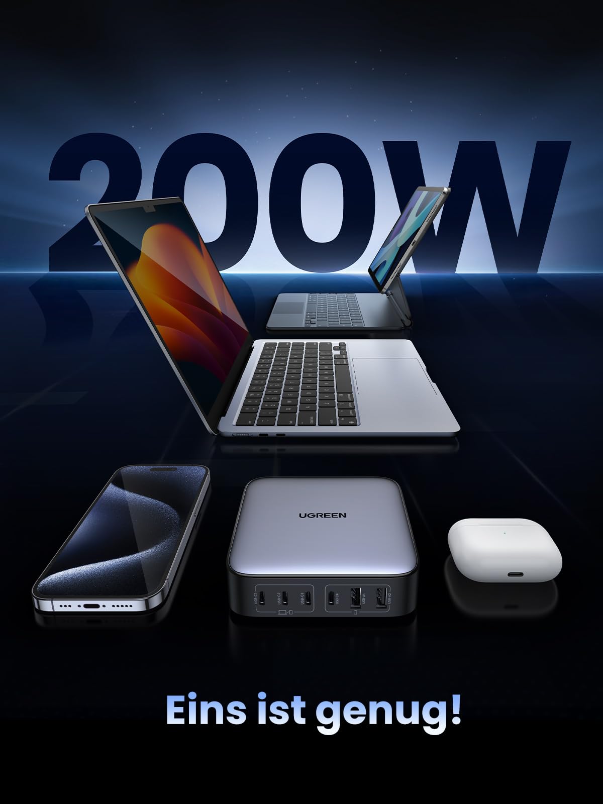 UGREEN Nexode Ladegerät 200W USB C PD Netzteil 100W+100W 6-Ports GaN Charger Mehrfach kompatibel mit MacBook Pro/Air M2 2022, iPhone 17 Pro Max/16, Galaxy S25 Ultra, S24