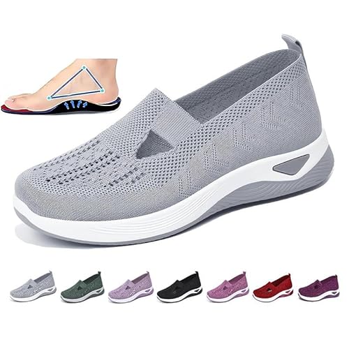 Women's Woven Breathable Soft Sole Shoes,Upgrade Orthopedic Shoe Go Walking Slip on Diabetic Foam Walking Shoe Hands Free Slip in Sneakers Arch Support，Daily Commuting Shoes Grey 38