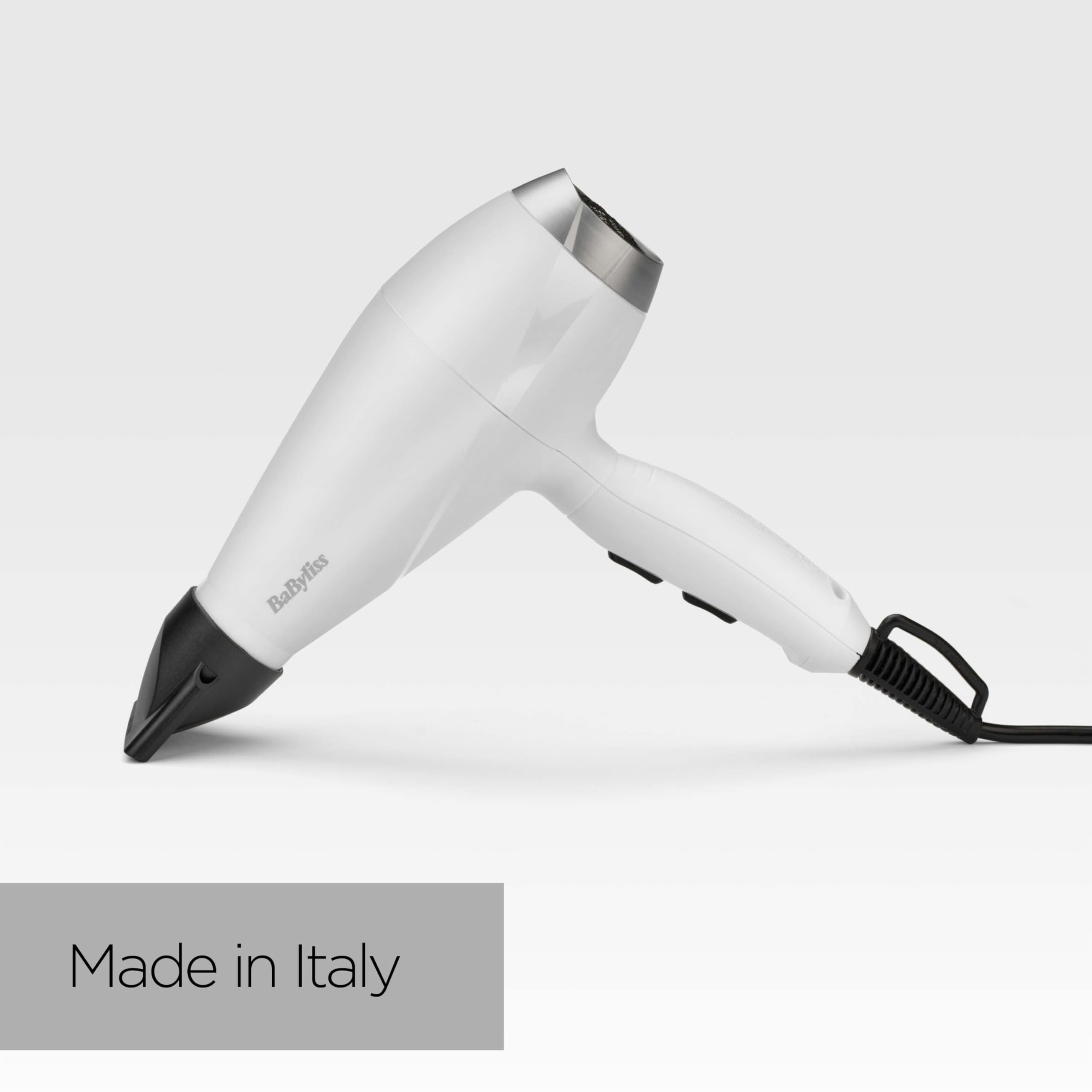 BaByliss 6704WE Made In Italy Hair Dryer with Professional AC Motor 2000W, Hair Dryer, Ultra-Fast Drying, Ionic Function, Lightweight, 3 Temperature, 2 Speed, Concentrator, White