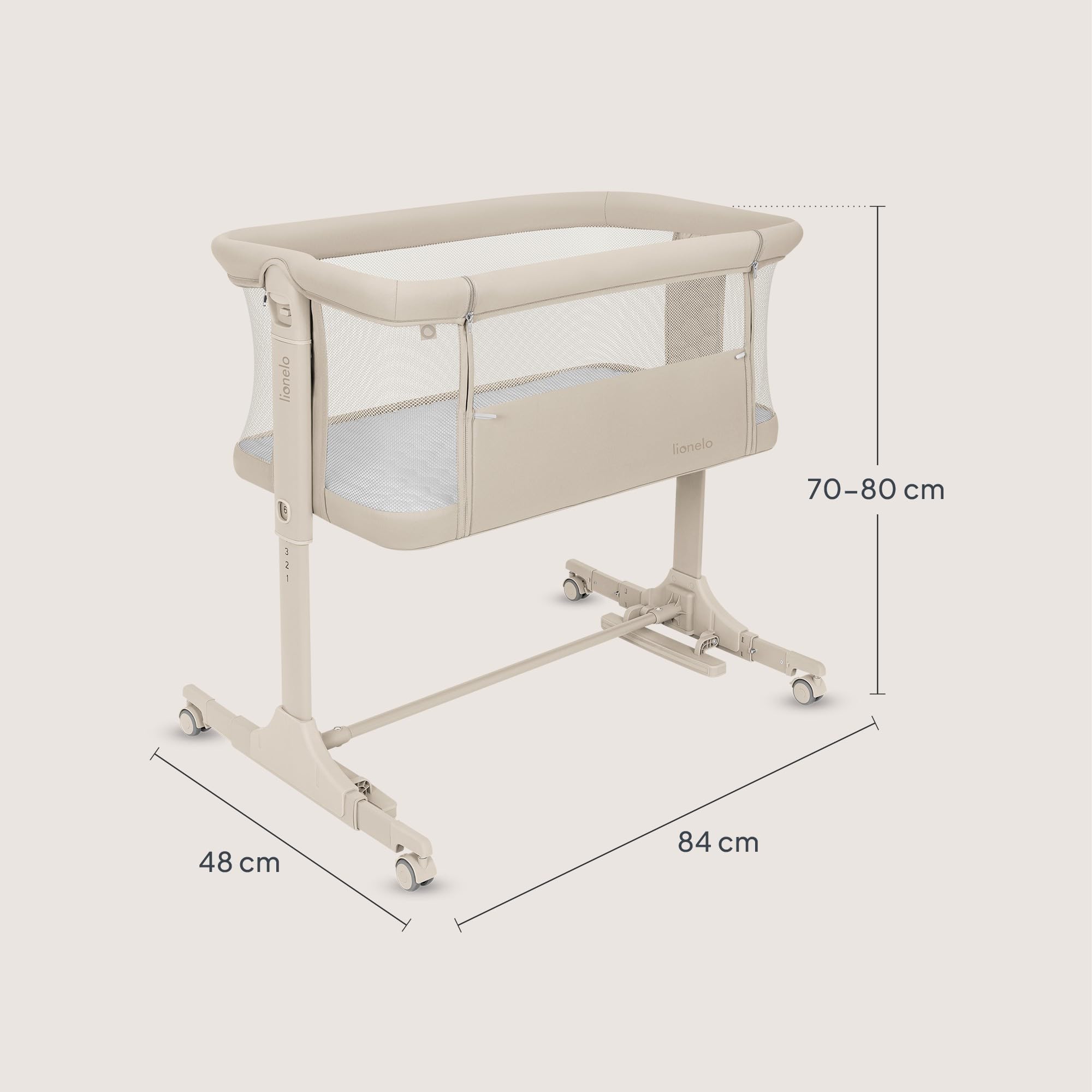 Lionelo Pari Beistellbett 3in1, 6-Fach höhenverstellbar, Neigungsverstellung, Boxspringbett, Wiege, Babybett, Netzseiten, Rollen mit Bremse, Matratze, 84 x 48 cm