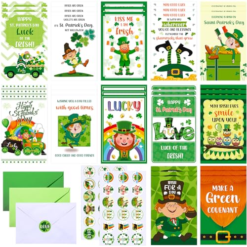 Sumind 24 Pcs St Patrick's Day Card with Envelope Clover Gold Coins Stickers Green Shamrock Gold Coin Irish Assorted Greeting Cards for St Patrick's Day Party Favor, 12 Style